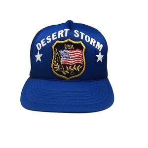 VTG Desert Storm Hat USA Flag Patch Mesh Truckers Baseball Blue Snapback Cap